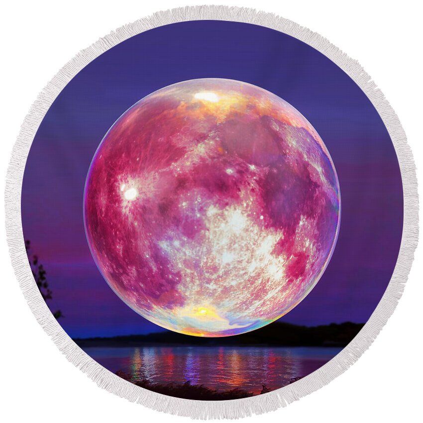 Strawberry Moon Round Beach Towel featuring the painting Strawberry Solstice Moon by Robin Moline