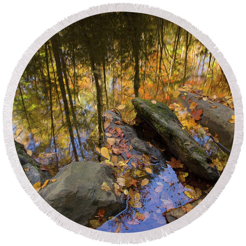 Autumn Stream Round Beach Towel featuring the photograph Stream Side Reflections by Mike Eingle