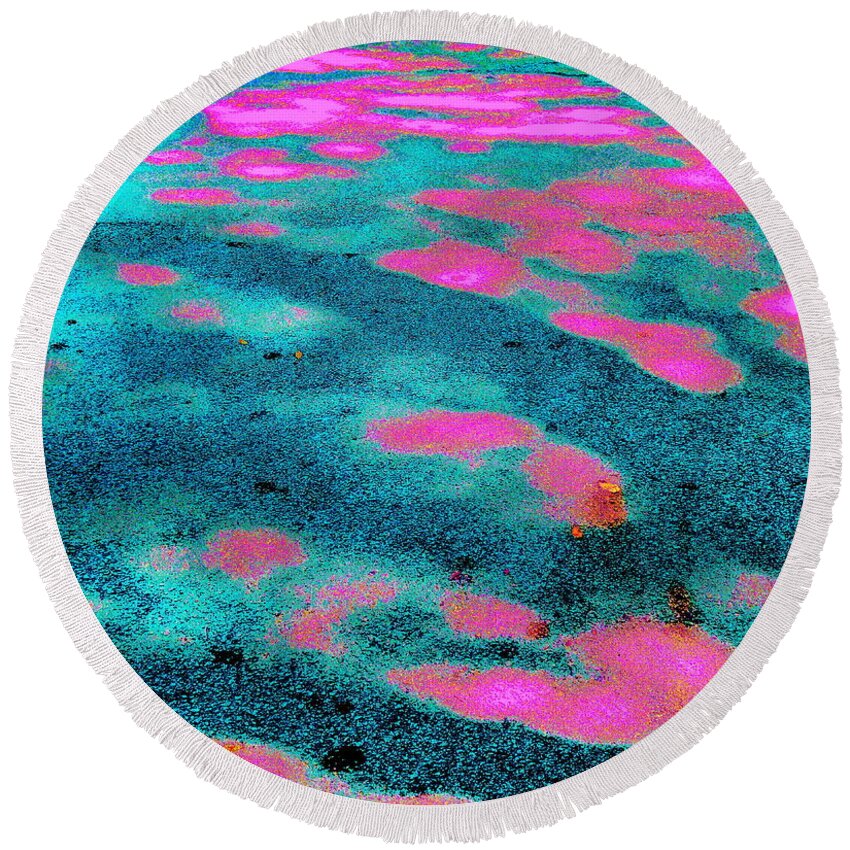 Pavement Color Extracted And Pushed And ...pushed Until I Got My Desired Result.abstracted Image Pink And Turquoise Dominate Round Beach Towel featuring the photograph Street Art by Priscilla Batzell Expressionist Art Studio Gallery