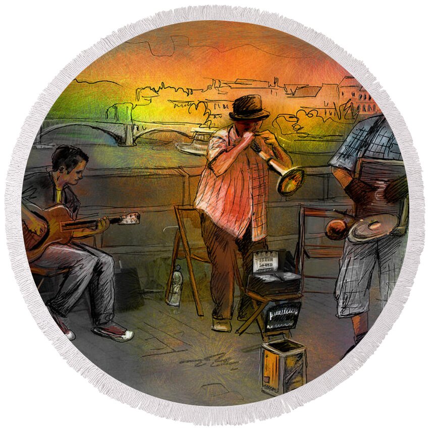 Music Round Beach Towel featuring the painting Street Musicians in Prague in the Czech Republic 03 by Miki De Goodaboom