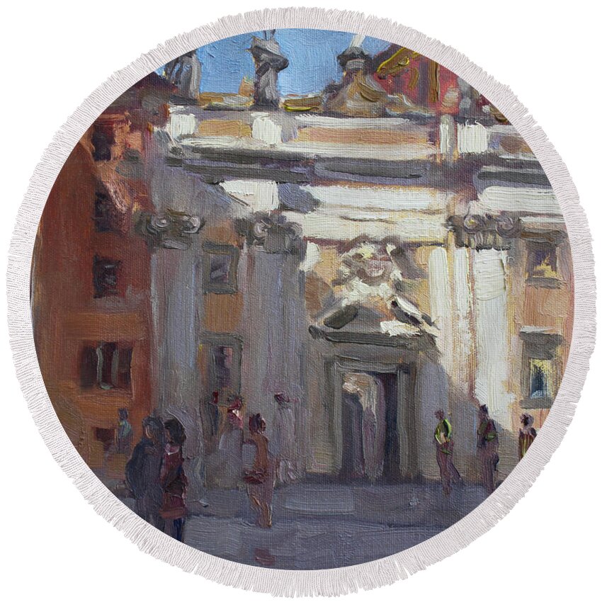 Rome Round Beach Towel featuring the painting Street Musicians Pzza San Silvestri Rome by Ylli Haruni