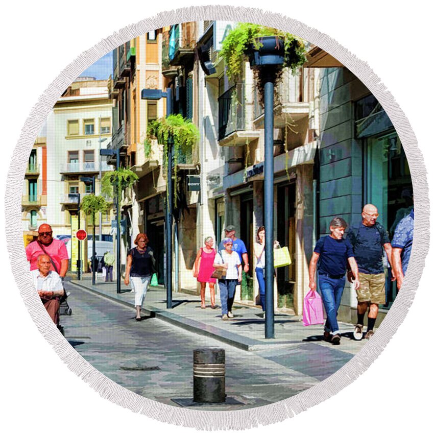 Figueres Round Beach Towel featuring the digital art Streets of Figueres Spain Paint by Chuck Kuhn