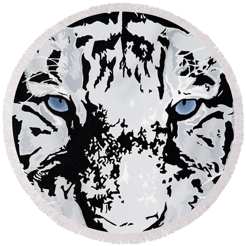 White Tiger Round Beach Towel featuring the painting Strength And Beauty by Cheryl Bowman