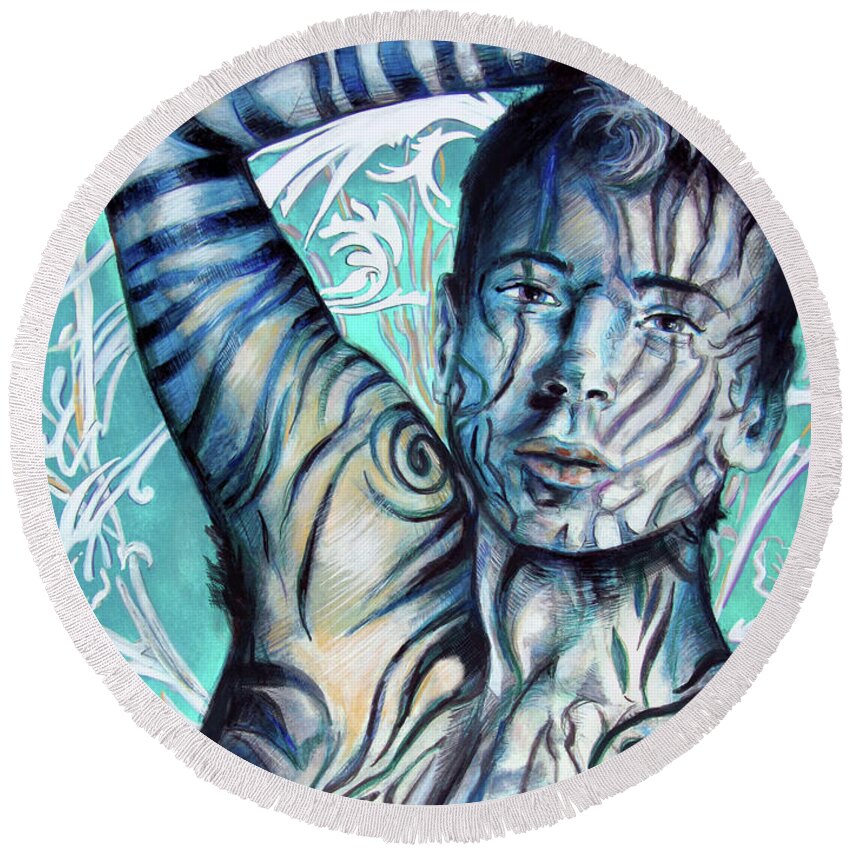 Mythological Round Beach Towel featuring the painting Strength in Blue Stripes, Zebra Boy #6 by Rene Capone