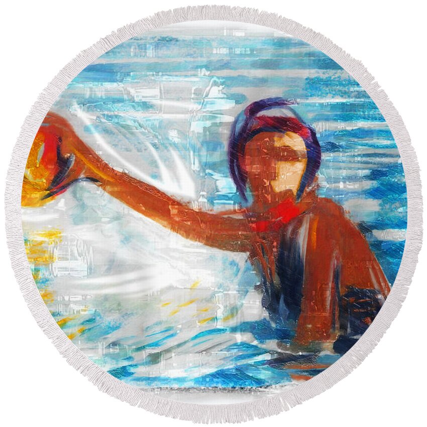 Water Polo Round Beach Towel featuring the mixed media Striking Distance by Russell Pierce