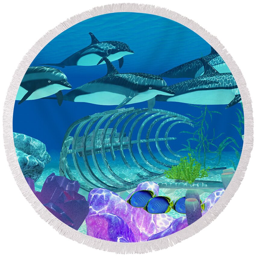 Striped Dolphin Round Beach Towel featuring the painting Striped Dolphin and Wreck by Corey Ford