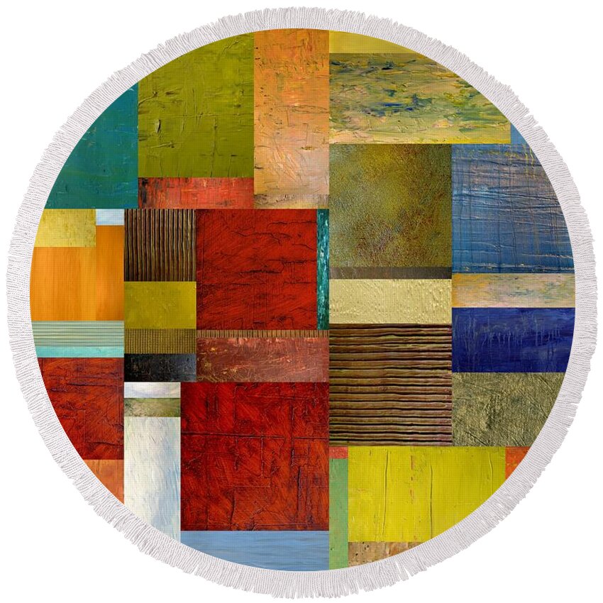 Textural Round Beach Towel featuring the painting Strips and Pieces l by Michelle Calkins