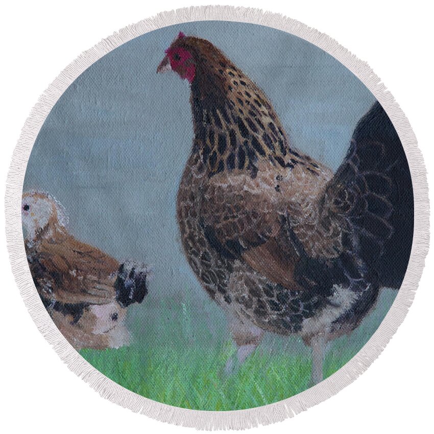 Chicken Round Beach Towel featuring the painting Stroll by Masami Iida