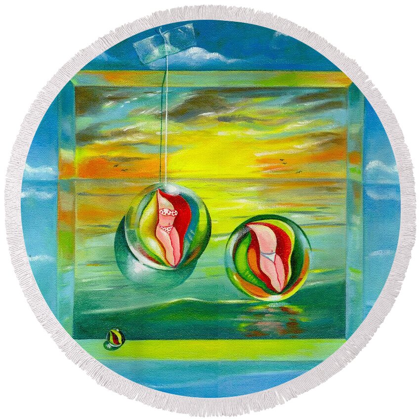 Surrealism Round Beach Towel featuring the painting Strollin Miami Beach at Sunset by Roger Calle