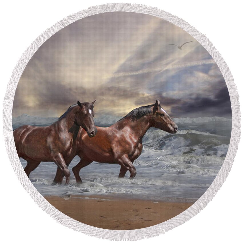 Horse Round Beach Towel featuring the photograph Strolling on the Beach by Michele A Loftus