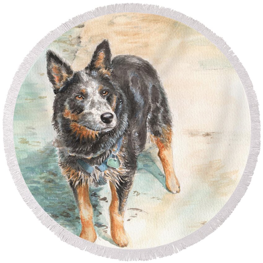 Dog Round Beach Towel featuring the painting Beach Patrol by Pris Hardy