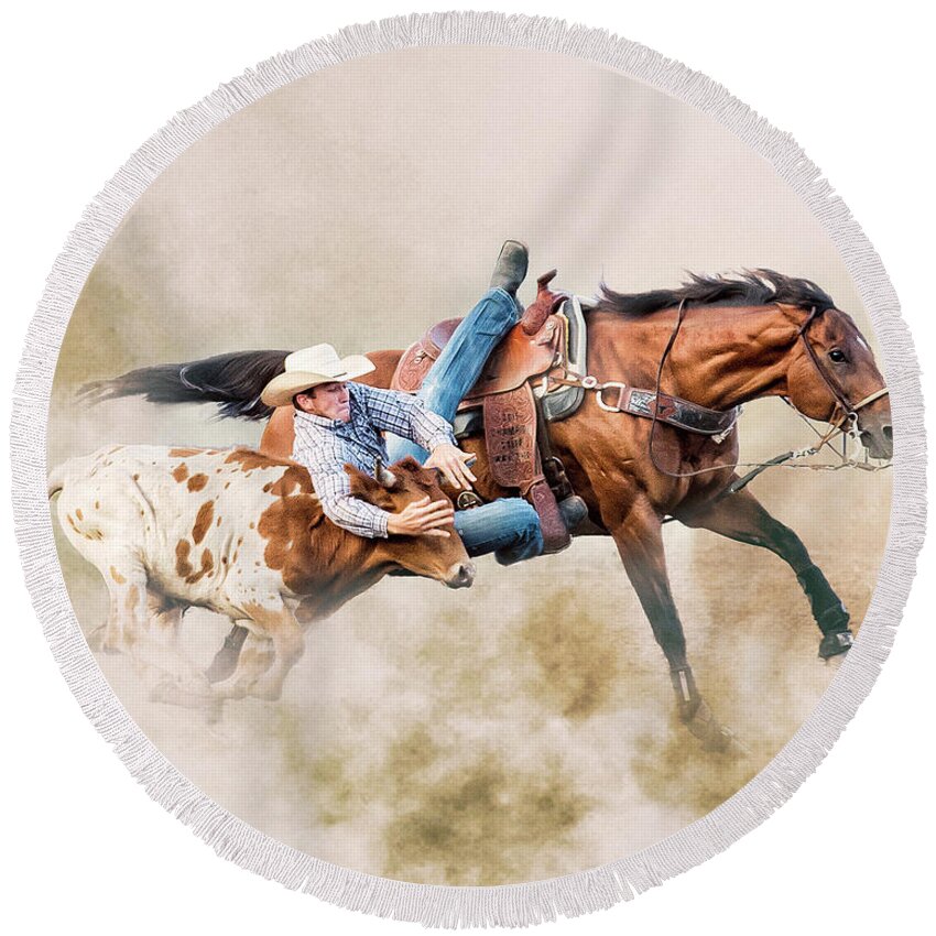 Cowboy Round Beach Towel featuring the photograph Strong Hearts and Fast Horses by Ron McGinnis