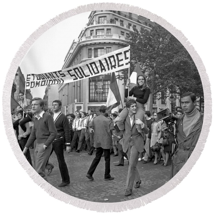 Demonstrating Round Beach Towel featuring the photograph Student Demonstrations in favor of Charles de Gaulle, Paris, 30 May 1968 by French School