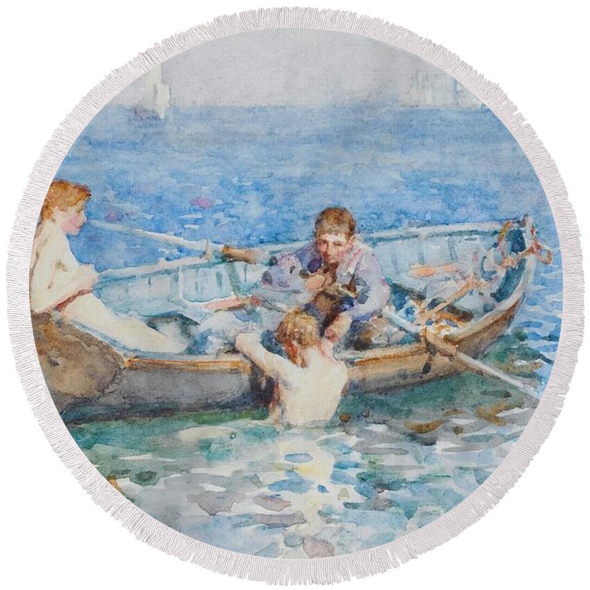 August Blue Round Beach Towel featuring the painting Study for August Blue by Henry Scott Tuke