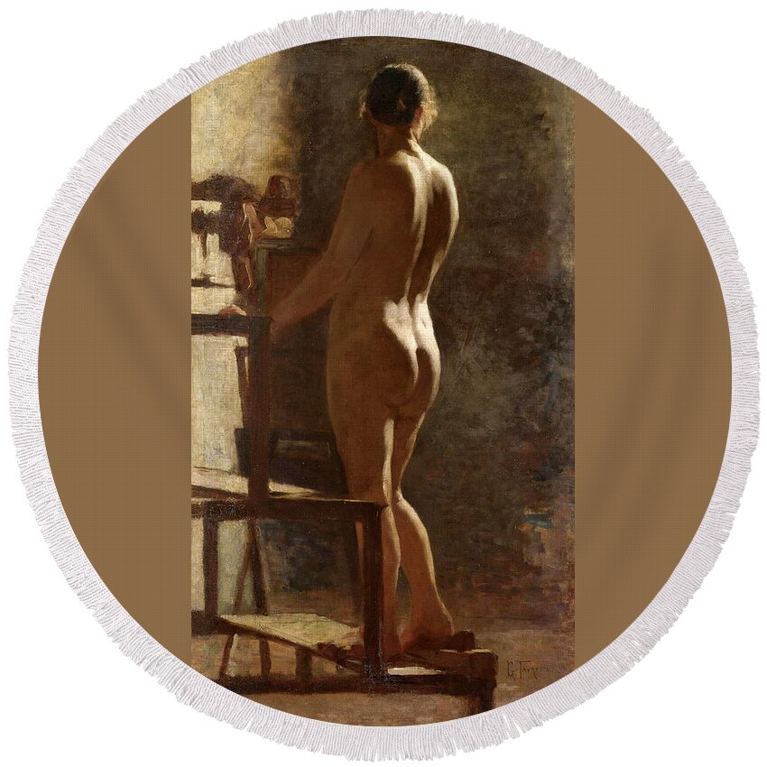 Giacomo Favretto Round Beach Towel featuring the painting Study of Female Nude by Giacomo Favretto