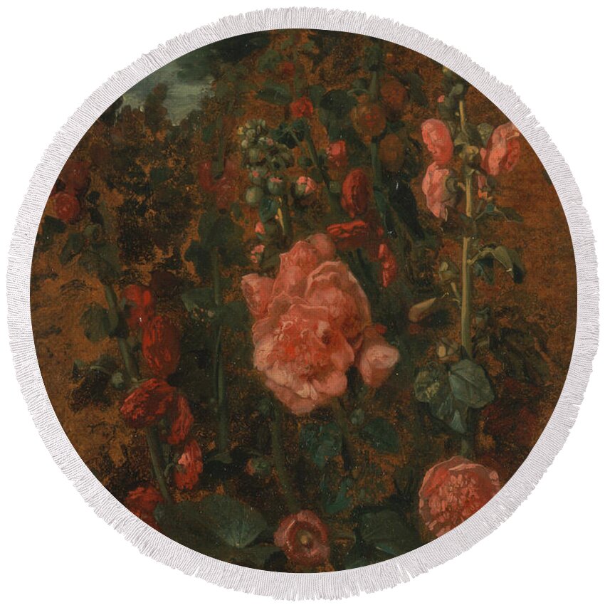 English Romantic Painters Round Beach Towel featuring the painting Study of Hollyhocks by John Constable