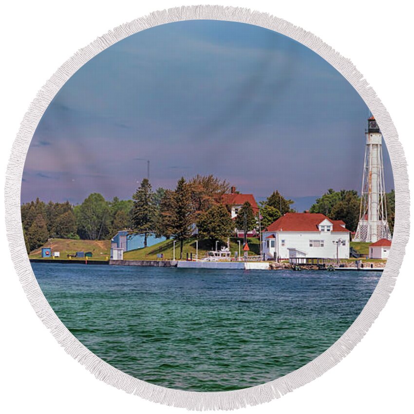 Lighthouse Round Beach Towel featuring the photograph Sturgeon Bay Ship Canal Light Tower by Susan Rissi Tregoning