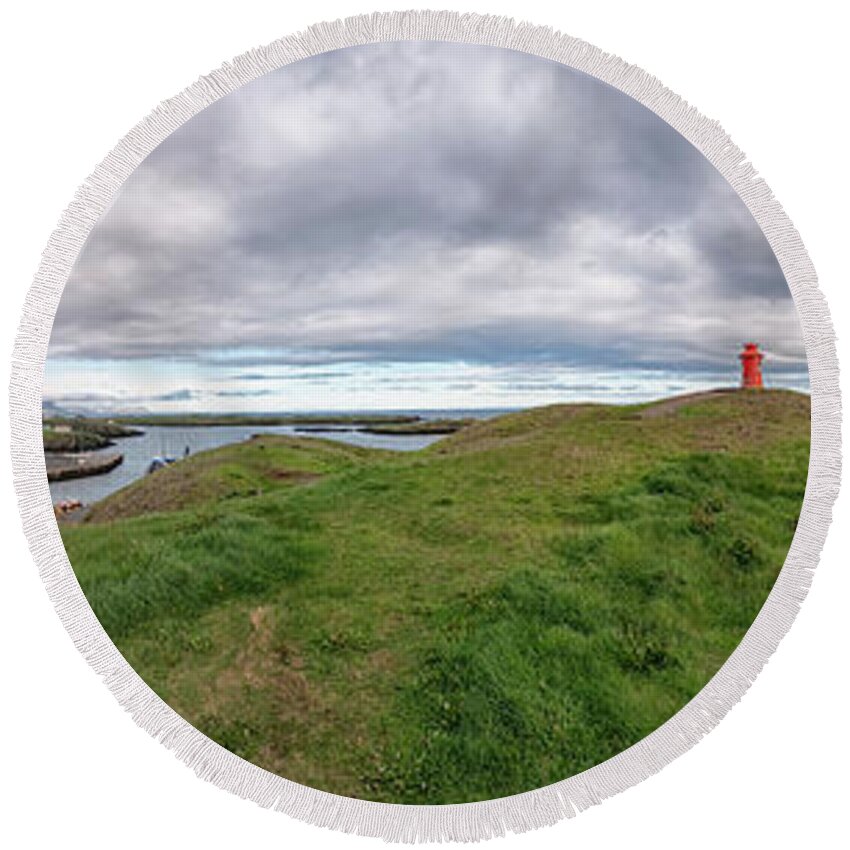 Iceland Round Beach Towel featuring the photograph Stykkisholmur Harbor Pano by Tom Singleton