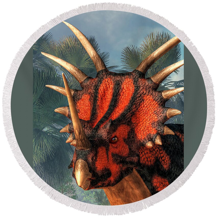 Styracosaurus Round Beach Towel featuring the digital art Styracosaurus Head by Daniel Eskridge