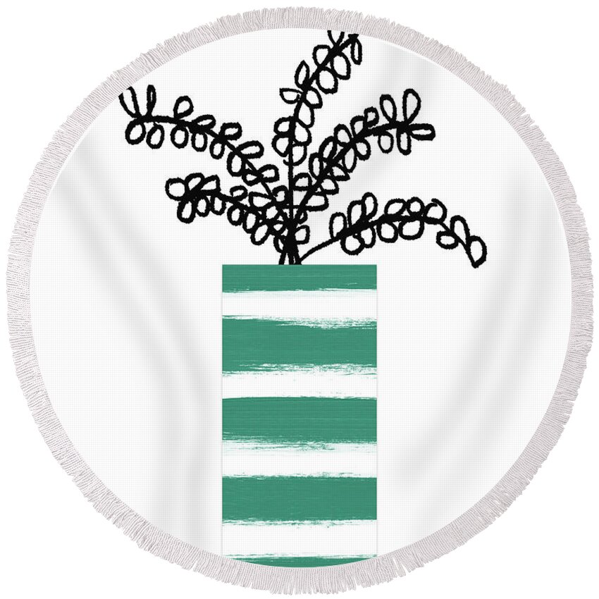 Plant Round Beach Towel featuring the mixed media Succulent In Green Pot 1- Art by Linda Woods by Linda Woods