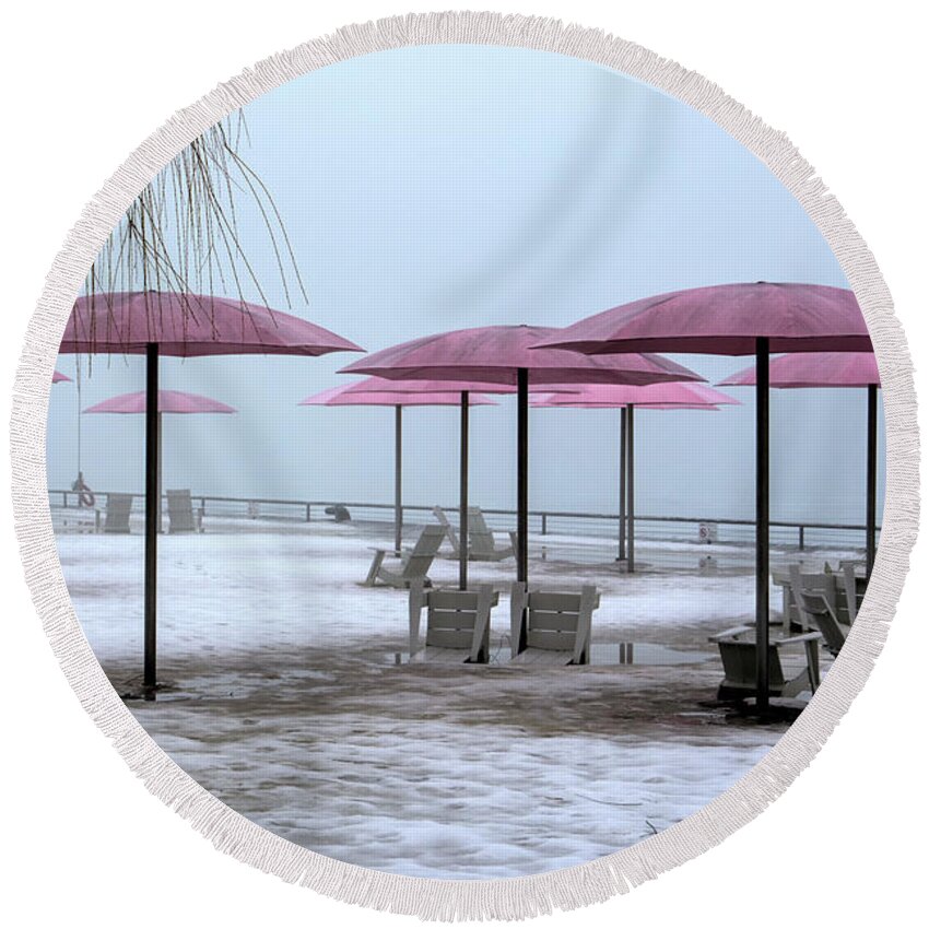 Toronto Round Beach Towel featuring the digital art Sugar Beach Pink Parasols by Nicky Jameson