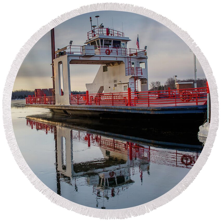 Ship Round Beach Towel featuring the photograph Sugar Island Ferry Reflections -6582 by Norris Seward