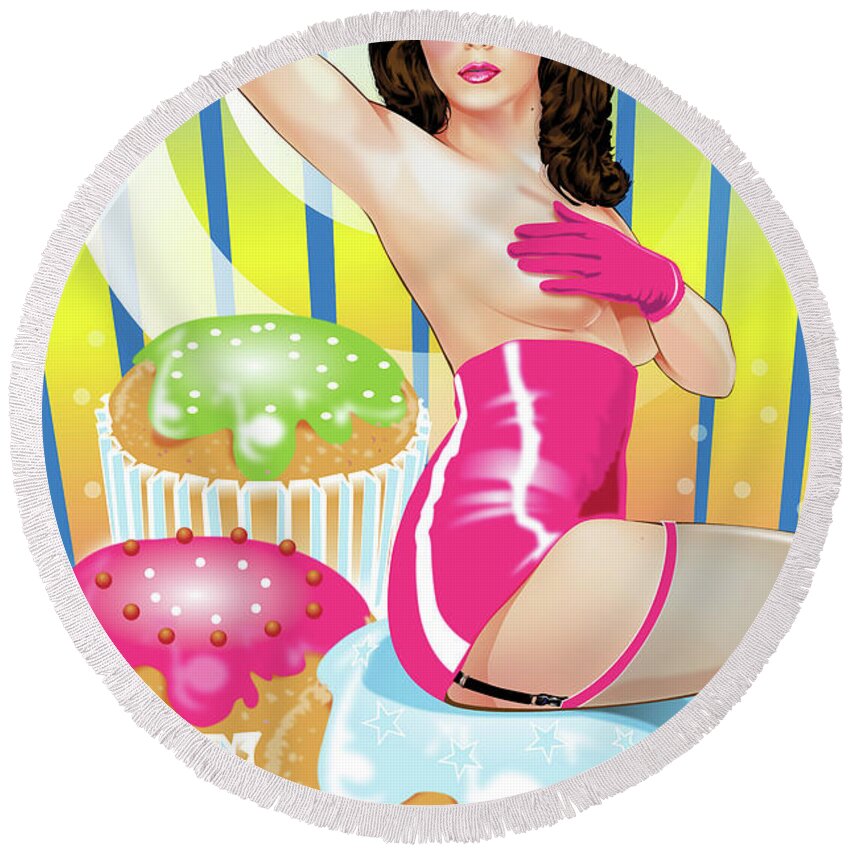 Model Taylor Von Cupcake Round Beach Towel featuring the digital art Sugar Rush by Brian Gibbs