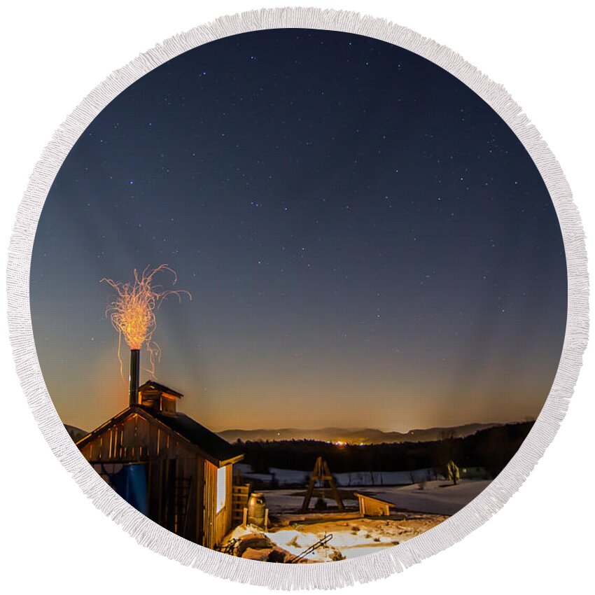 Vermont Round Beach Towel featuring the photograph Sugaring View with Stars by Tim Kirchoff