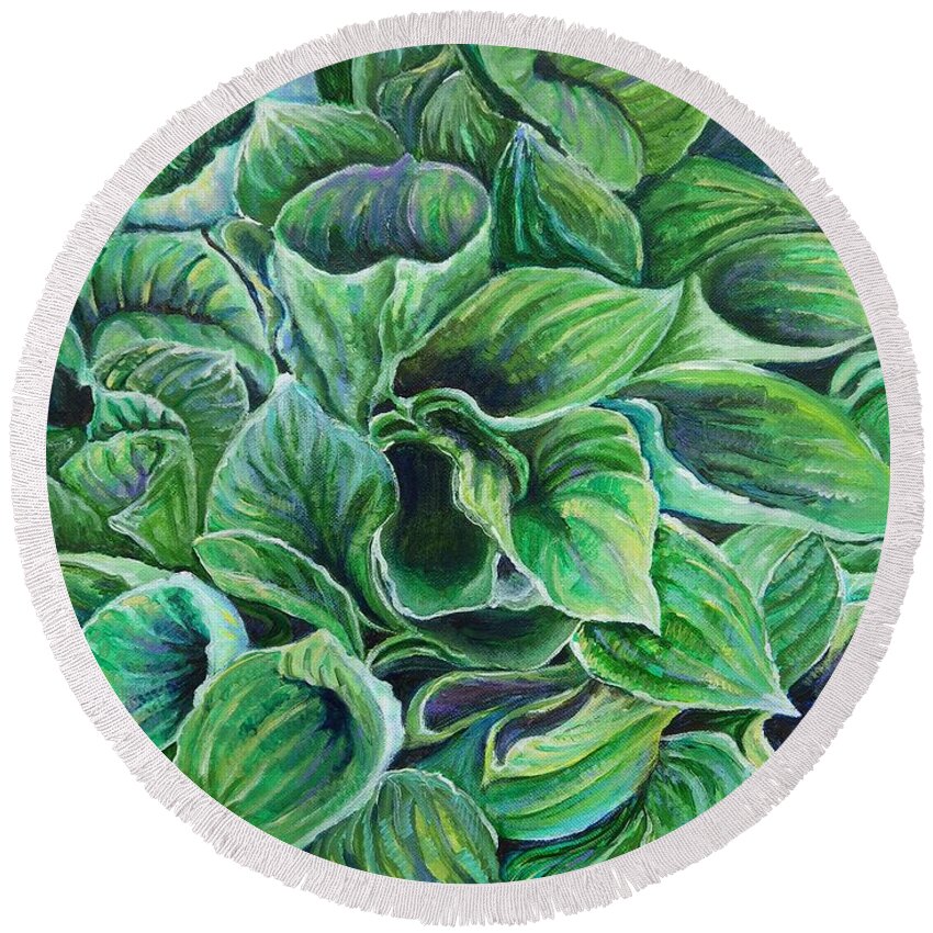 Sum And Substance Round Beach Towel featuring the painting Sum and Substance Hosta by Linda Markwardt