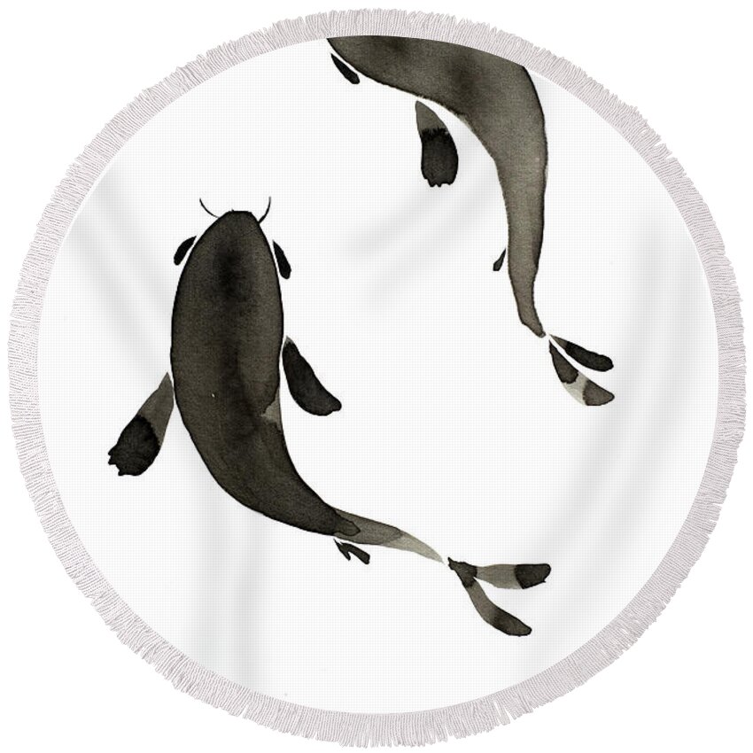 Simple Round Beach Towel featuring the painting Sumi-e - Koi - One by Lori Grimmett