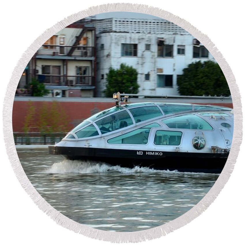 Boat Round Beach Towel featuring the photograph Sumida River cruise boat in motion Tokyo Japan by Imran Ahmed
