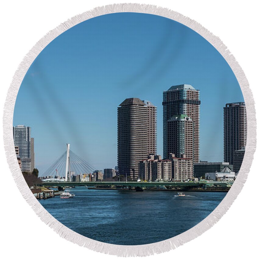 River Round Beach Towel featuring the photograph Sumida River High Rise, Tokyo Japan 2 by Perry Rodriguez