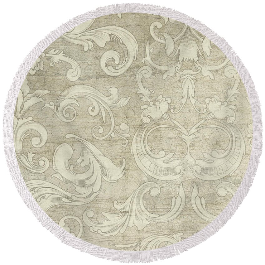 Vintage Round Beach Towel featuring the painting Summer at the Cottage - Vintage Style Wooden Scroll Flourishes by Audrey Jeanne Roberts