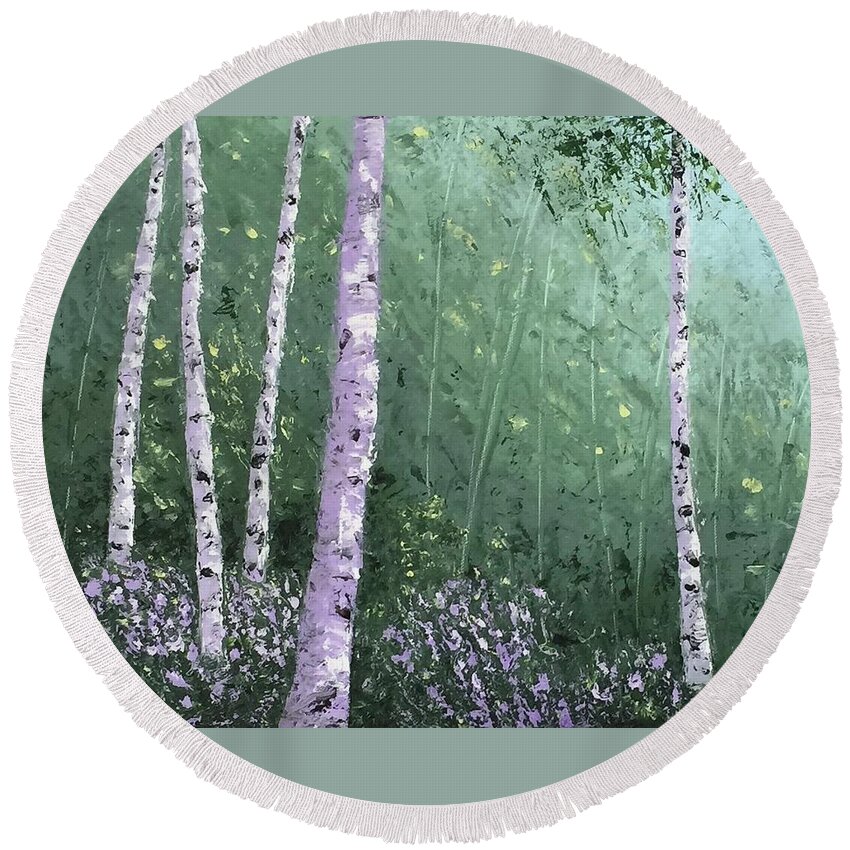 Birchtrees Round Beach Towel featuring the painting Summer Birch Trees by Brenda Bonfield