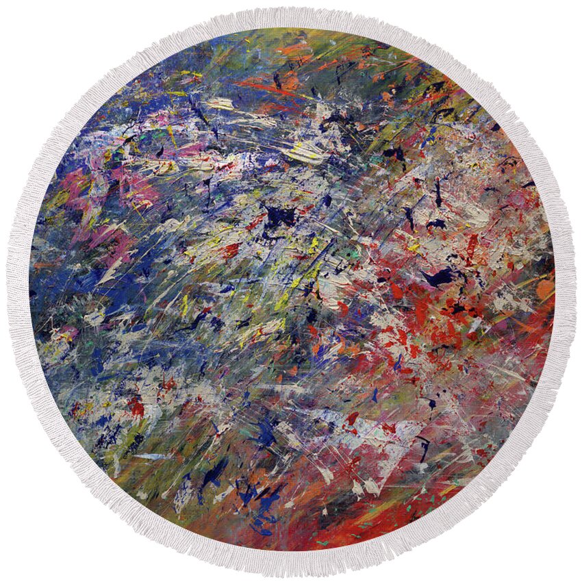 Abstract Round Beach Towel featuring the painting Summer Celebrations by Angela Bushman
