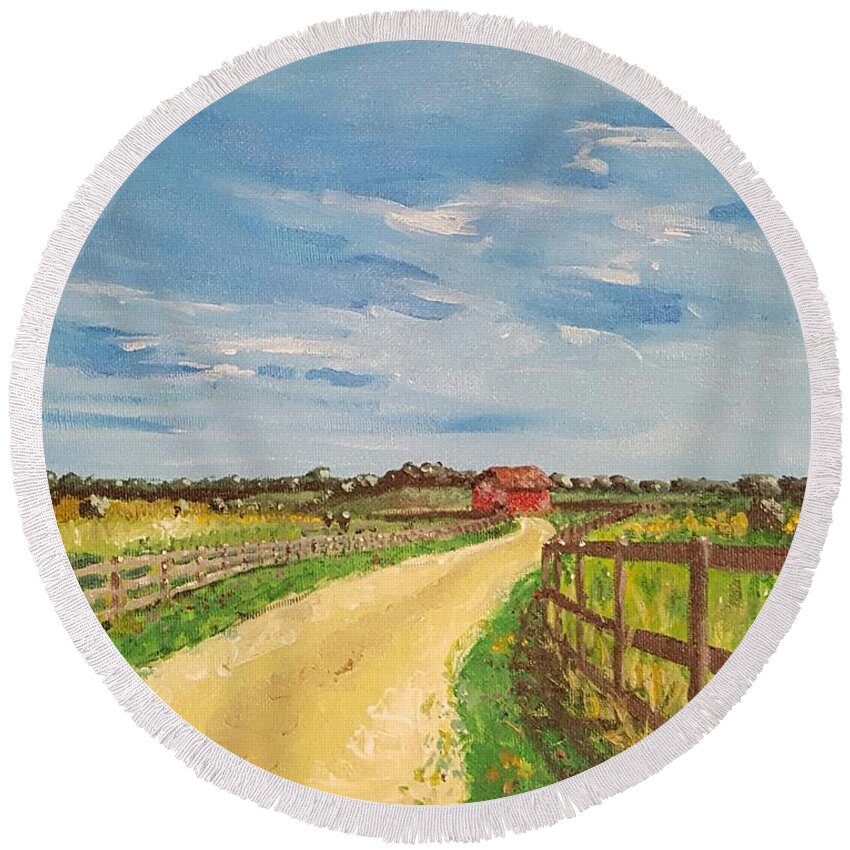  Round Beach Towel featuring the painting Summer Day in Sunbury by Vincent Matheney