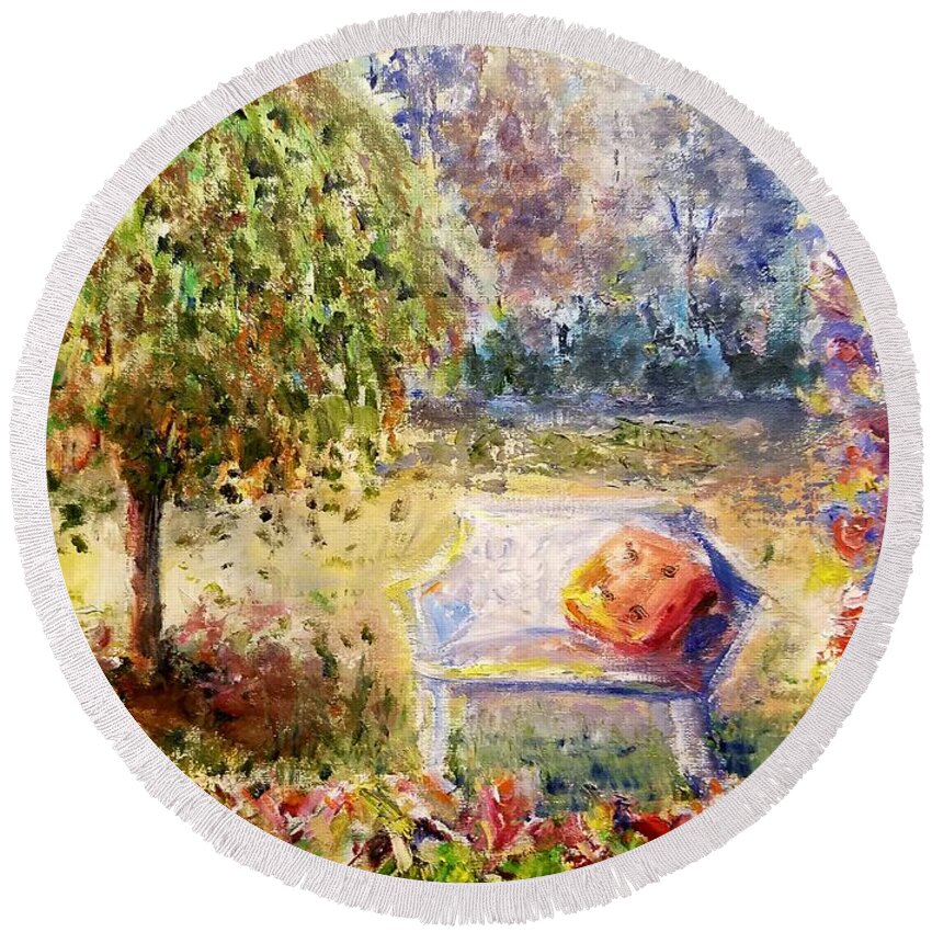 Summer Round Beach Towel featuring the painting Summer Day in the Garden by Bernadette Krupa