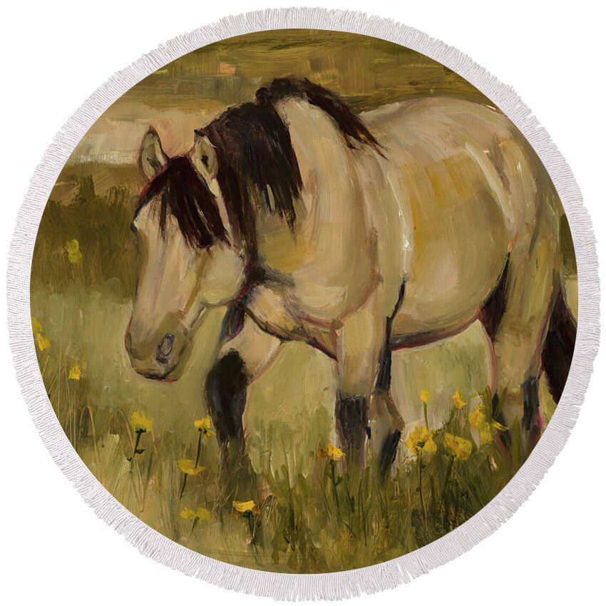 Horse Round Beach Towel featuring the painting Summer Days by Billie Colson