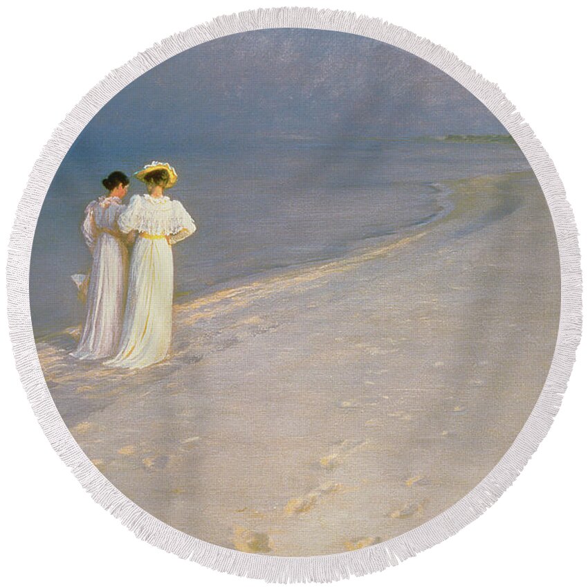 Kroyer Round Beach Towel featuring the painting Summer Evening on the Skagen Southern Beach with Anna Ancher and Marie Kroyer by Peder Severin Kroyer