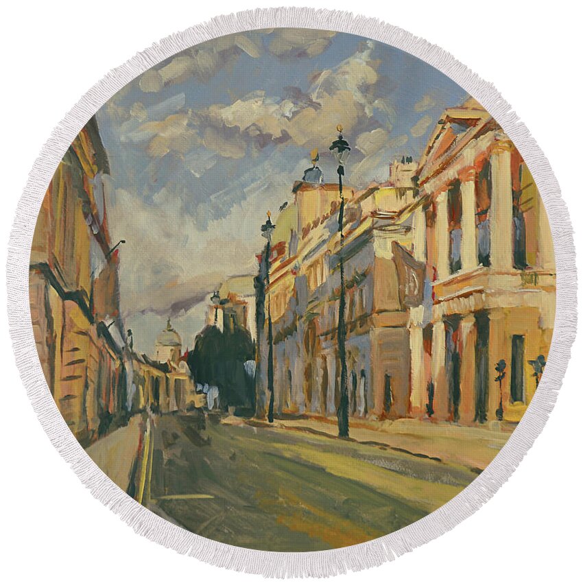 Warm Summer Round Beach Towel featuring the painting Summer evening Pall Mall London by Nop Briex