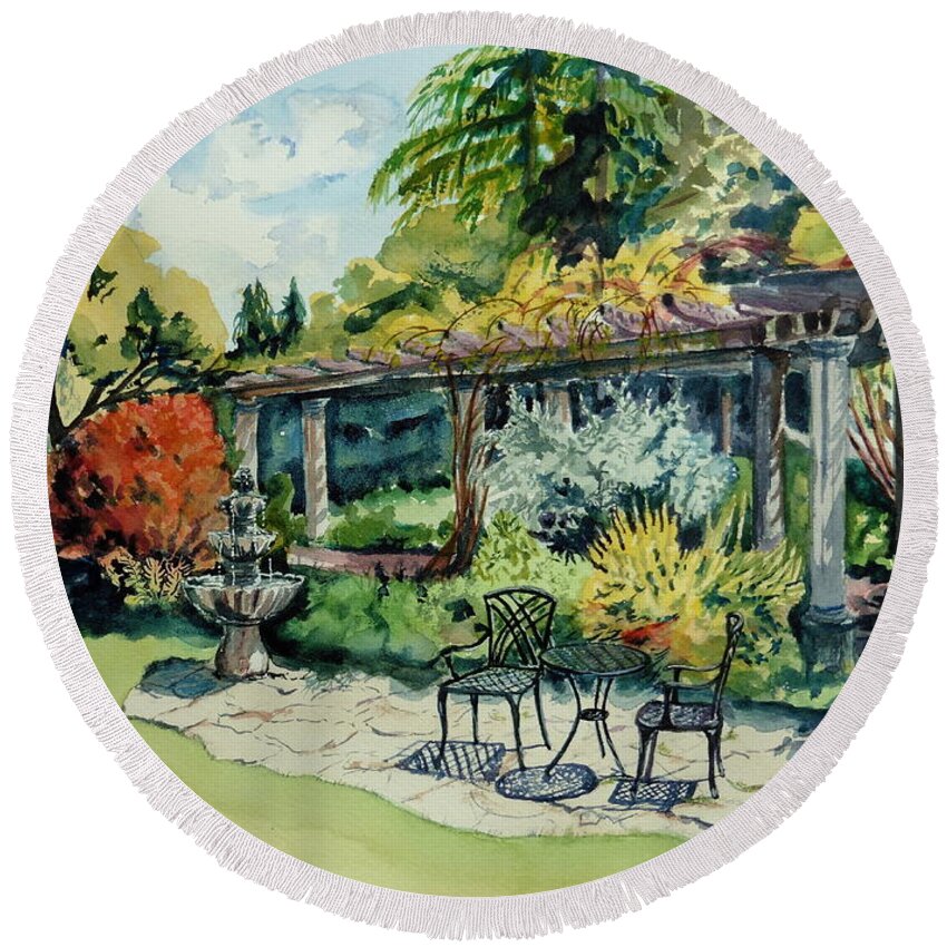 Green Round Beach Towel featuring the painting Summer Gardens by Sonia Mocnik