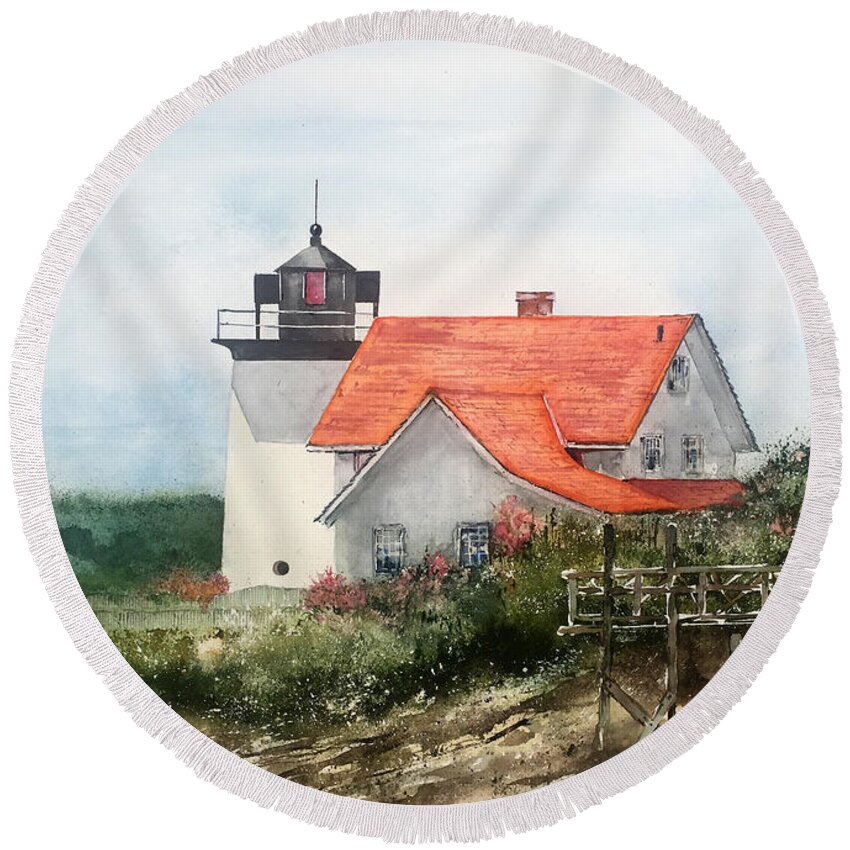 Hendricks Head Lighthouse Near Booth Bay Harbor In The Summer Sunlight. Round Beach Towel featuring the painting Summer In Maine by Monte Toon