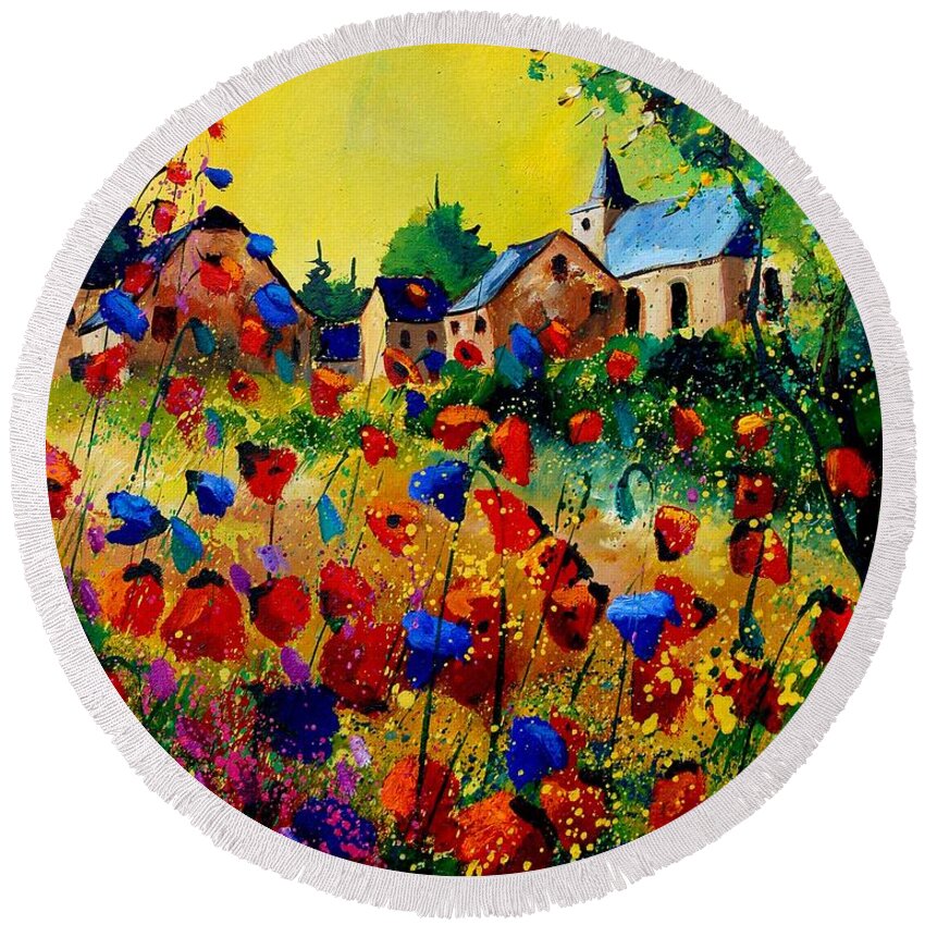 Poppy Round Beach Towel featuring the painting Summer in Sosoye by Pol Ledent