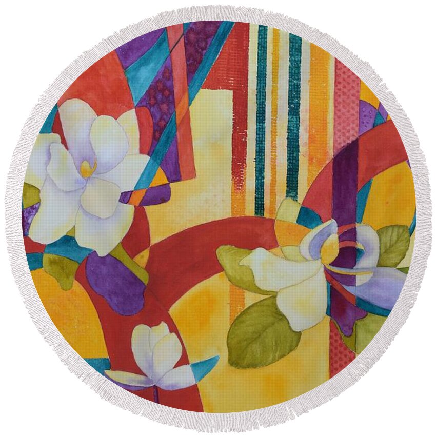 Magnolias Round Beach Towel featuring the painting Summer Magnolias by Nancy Jolley