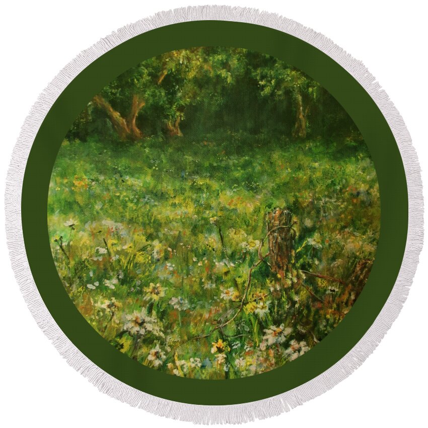 Green Round Beach Towel featuring the painting Summer Meadow by Mary Wolf