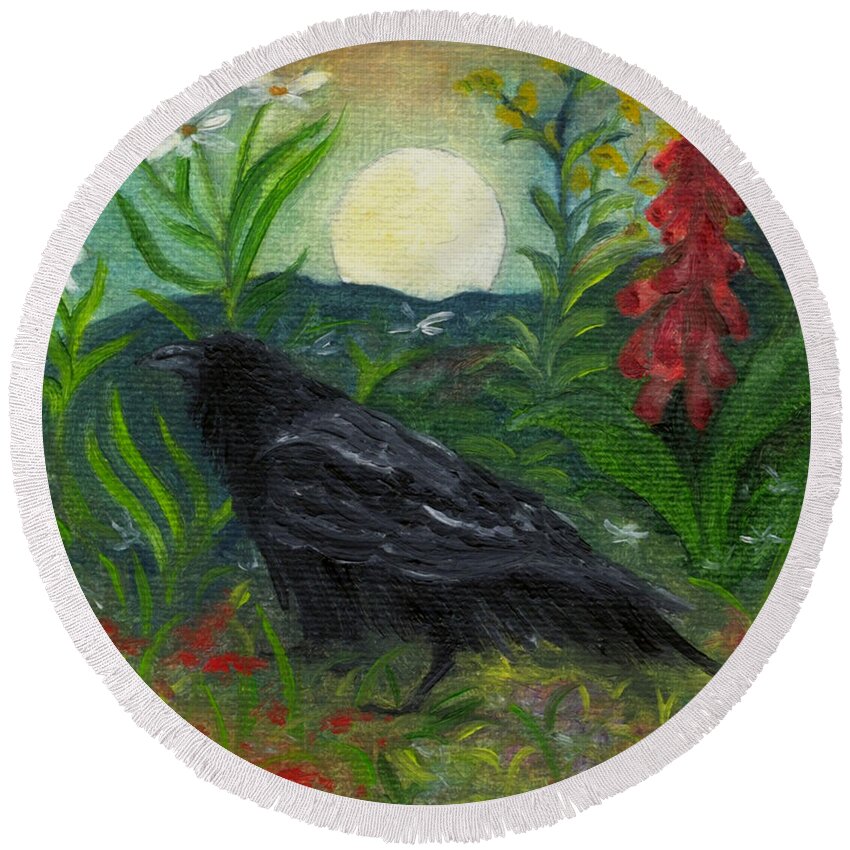 Birds Round Beach Towel featuring the painting Summer Moon Raven by FT McKinstry