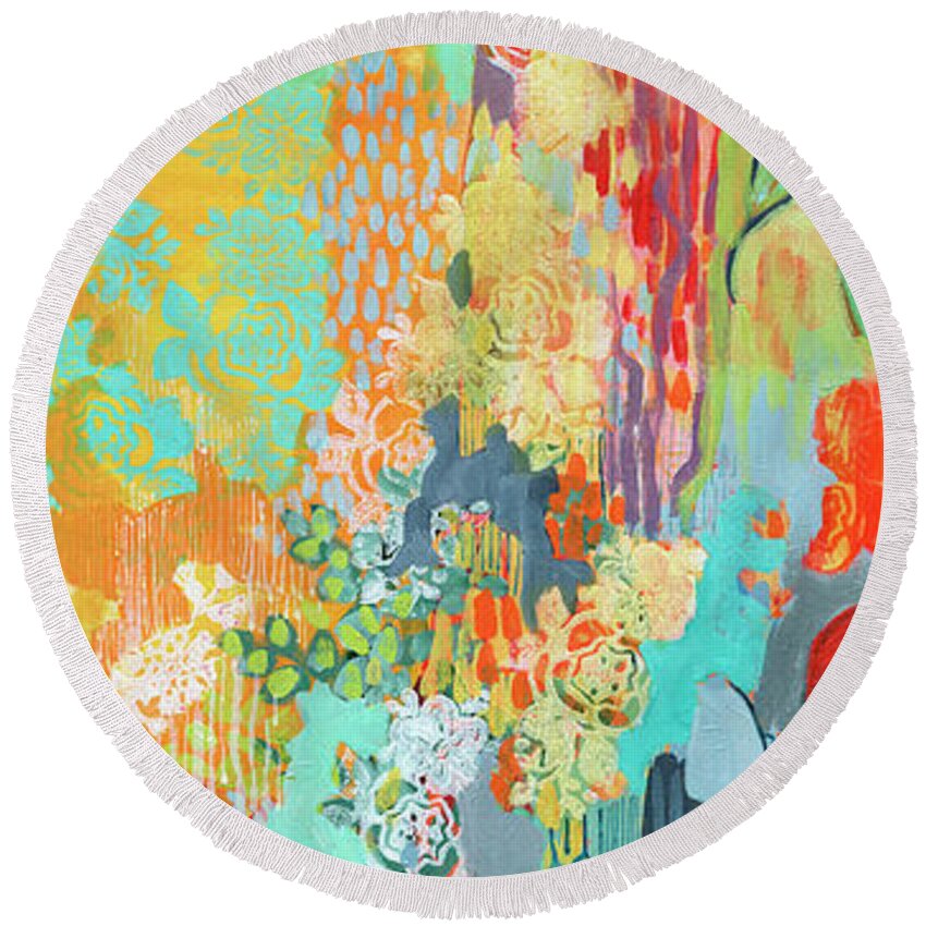 Abstract Round Beach Towel featuring the painting Summer Rain Part 3 by Jennifer Lommers