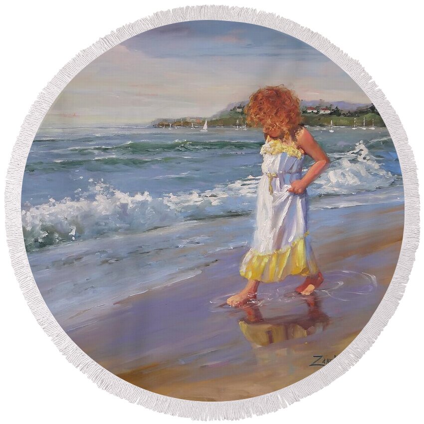 Young Girl Round Beach Towel featuring the painting Summer Reflections by Laura Lee Zanghetti
