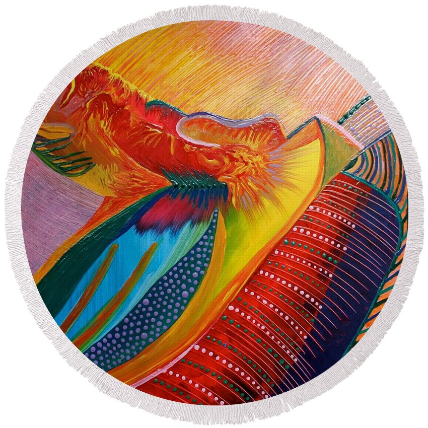 Abstract Landscapes Round Beach Towel featuring the painting Summit Burst by Polly Castor