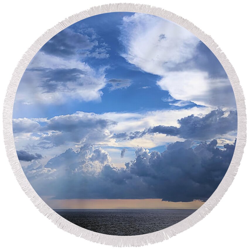 Gulf Of Mexico Round Beach Towel featuring the photograph Sun and Rain Over The Gulf by Theresa Campbell